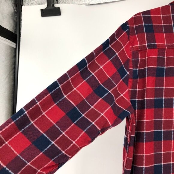 Simons le 31 red navy button down plaid flannel semi fit long sleeve Med - Picture 6 of 14